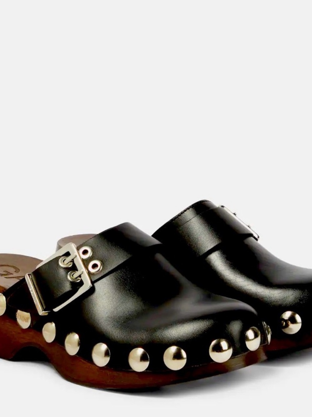 Ganni Black Studded Leather Clogs with Buckle